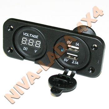 Панель 2в1 разъем USB-2 + вольтметр, влагозащищенная