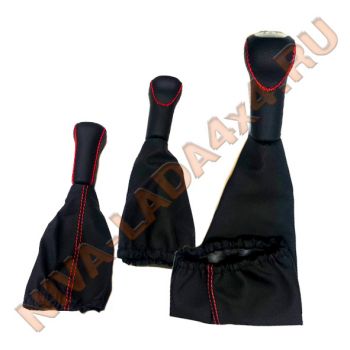 Рукоятка рычага управления КПП и КР НИВА с чехлами, эко-кожа цвет строчки красный исп. LUX