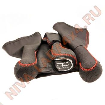 Рукоятка рычага управления КПП и КР НИВА с чехлами, эко-кожа цвет строчки красный RK-00302