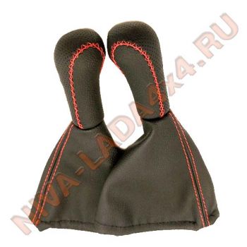 Рукоятка рычага управления КПП и КР НИВА с чехлами, эко-кожа цвет строчки красный RK-00302