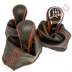 Рукоятка рычага управления КПП и КР НИВА с чехлами, эко-кожа цвет строчки красный RK-00302